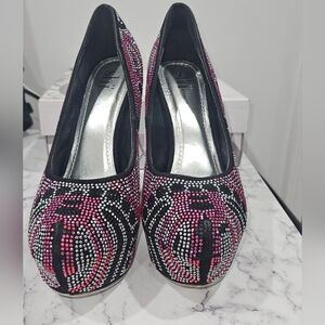 SHI Pink Black Silver Rhinestone Studded Pumps Size 10